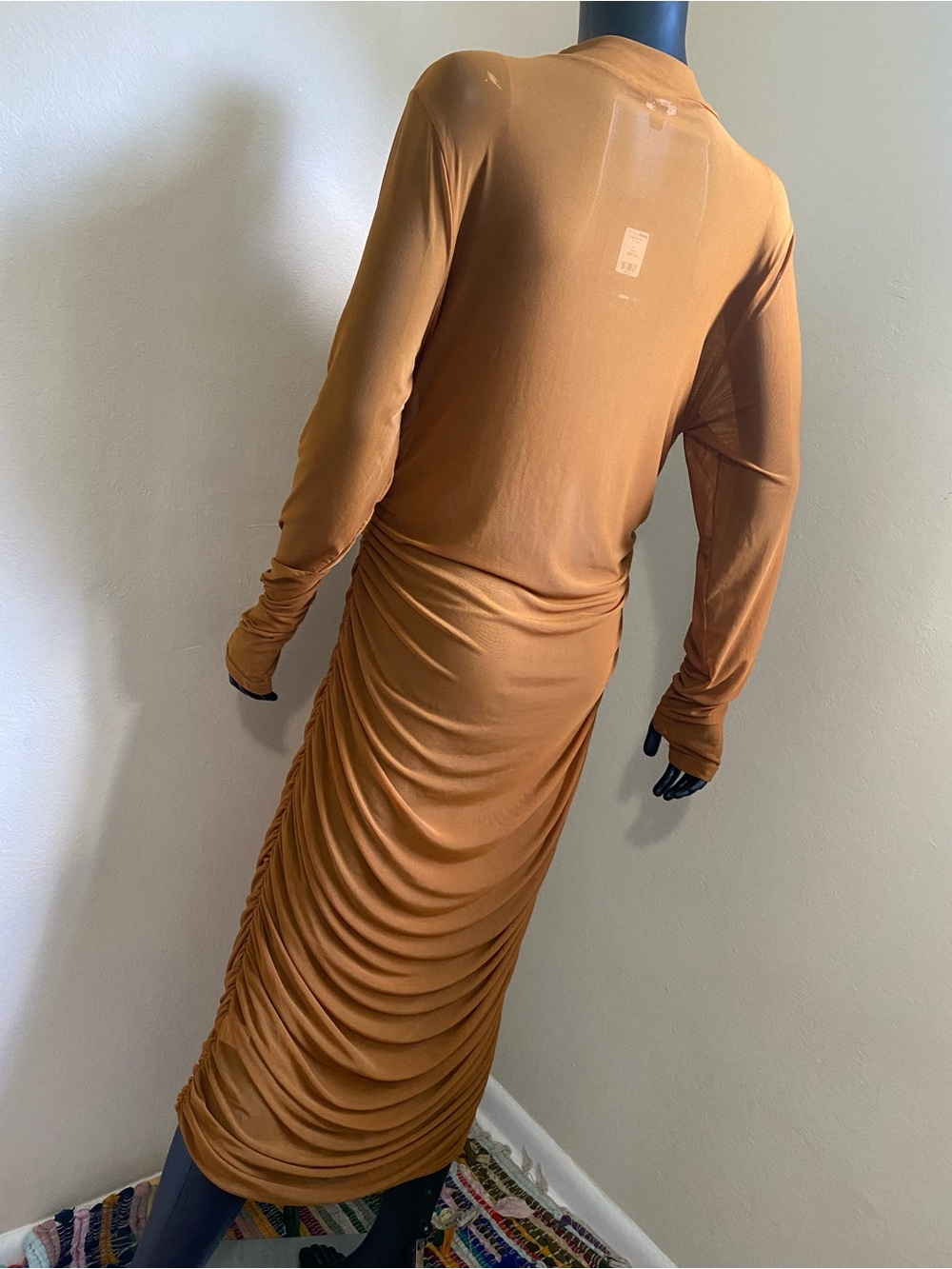 Fashion Nova Free Bird Tan Brown Sheer Long Sleeve Ruched Midi Dress NWTs - Picture 7 of 14